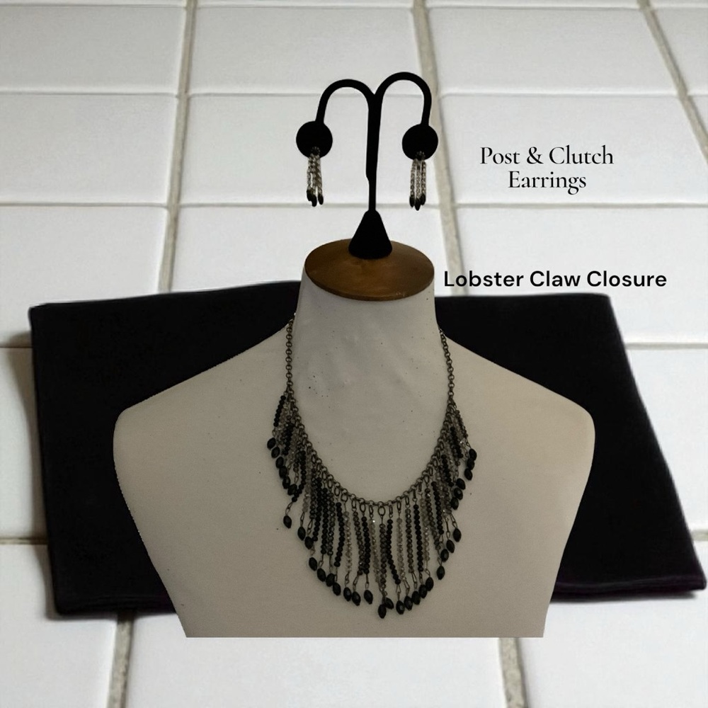 Beaded Fringe Black Sparkly Necklace & Coordinating Post and Clutch Earrings
